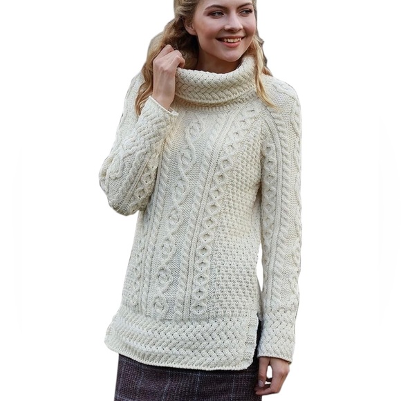 Aran Ireland Ivory Cable Knit Cowl Neck Tunic Sweater - XS - Picture 1 of 15